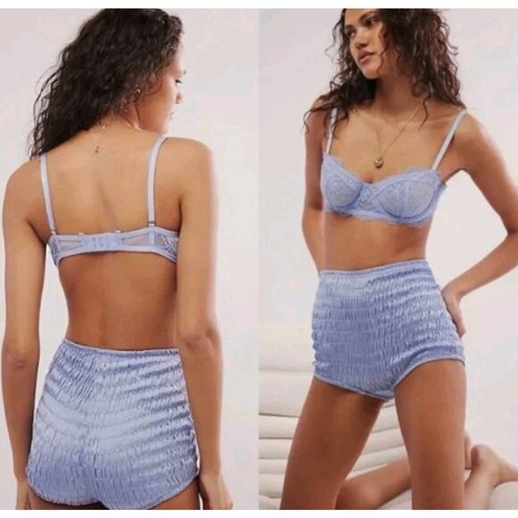 NEW FREE PEOPLE Ruched Shorties Silky High Rise Bloomer Micro Shorts Blue Large - Picture 1 of 7